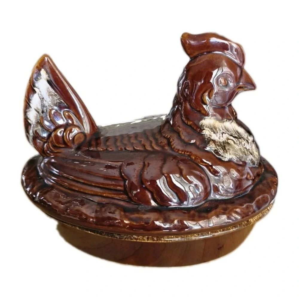 Vtg Hull Pottery Brown Drip Hen on Nest Casserole Dish Cottagecore Grandmacore
